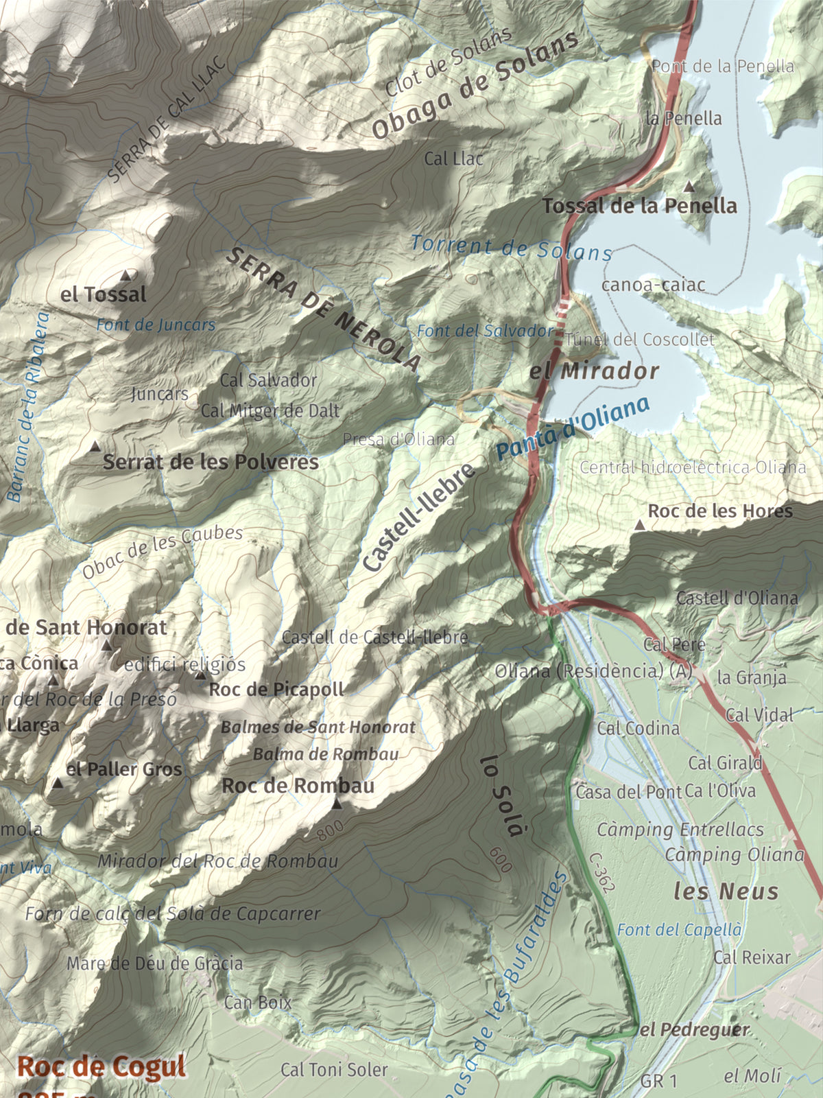 Mapa de relieve de Roc de Cogul, 885 m, Alt Urgell, lámina 100 Cims de Trobart. Detalle de la zona superior derecha. 30 × 40 cm.