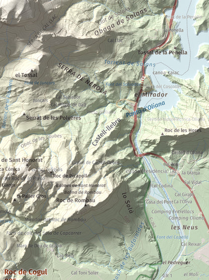 Mapa de relieve de Roc de Cogul, 885 m, Alt Urgell, lámina 100 Cims de Trobart. Detalle de la zona superior derecha. 30 × 40 cm.
