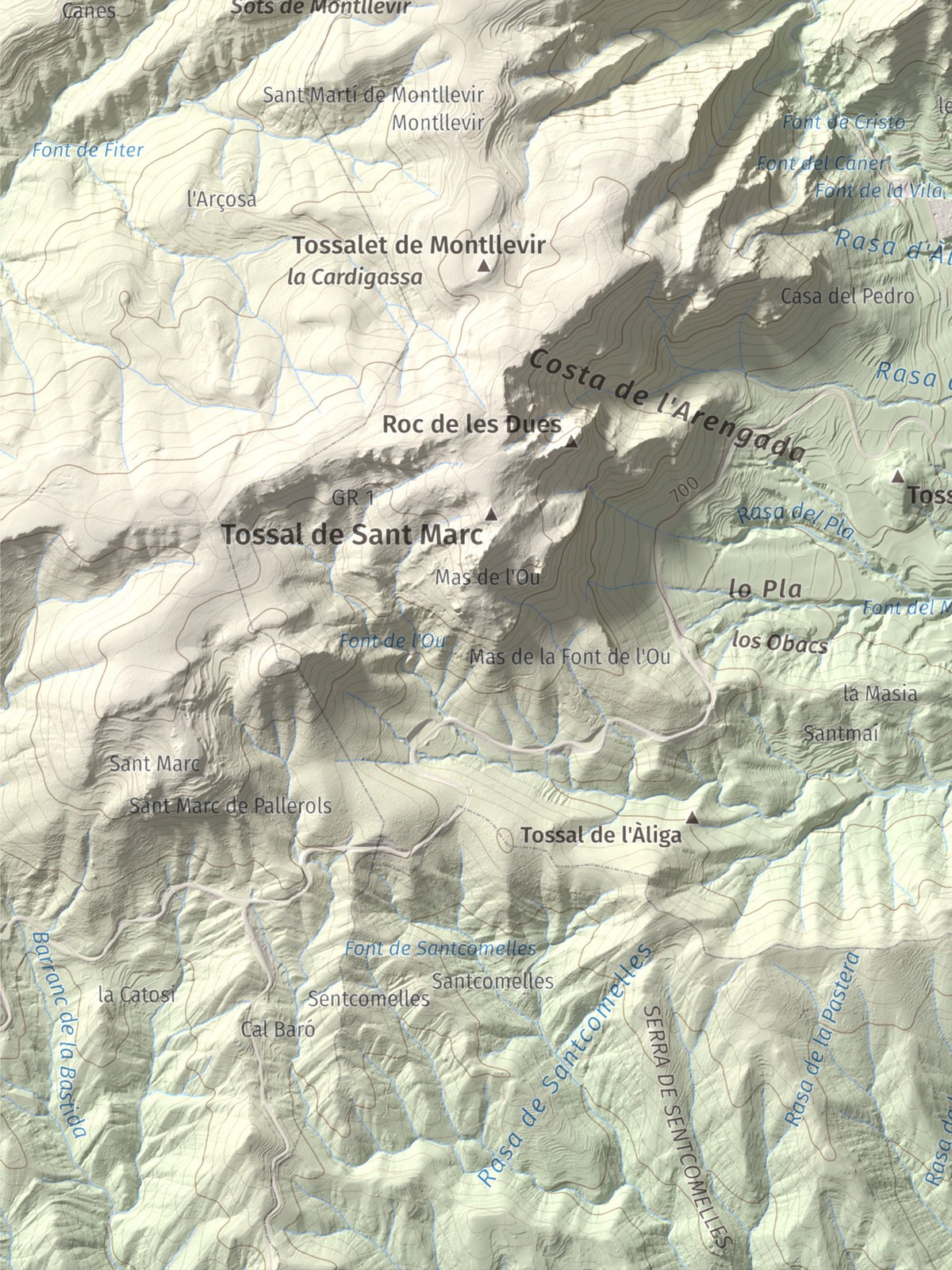 Mapa de relieve de Roc de Cogul, 885 m, Alt Urgell, lámina 100 Cims de Trobart. Detalle de la zona inferior izquierda. 30 × 40 cm.