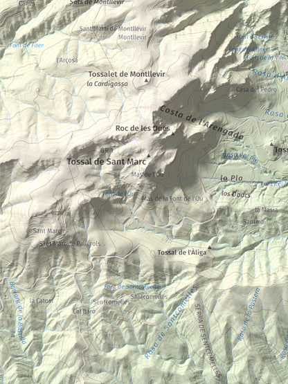 Mapa de relieve de Roc de Cogul, 885 m, Alt Urgell, lámina 100 Cims de Trobart. Detalle de la zona inferior izquierda. 30 × 40 cm.
