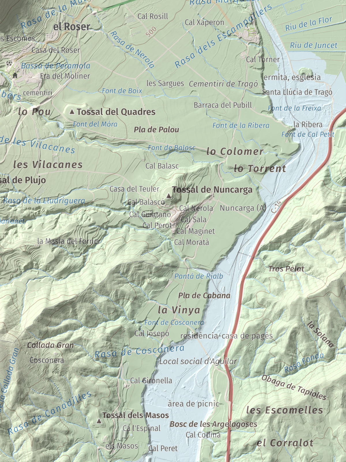 Mapa de relieve de Roc de Cogul, 885 m, Alt Urgell, lámina 100 Cims de Trobart. Detalle de la zona inferior derecha. 30 × 40 cm.