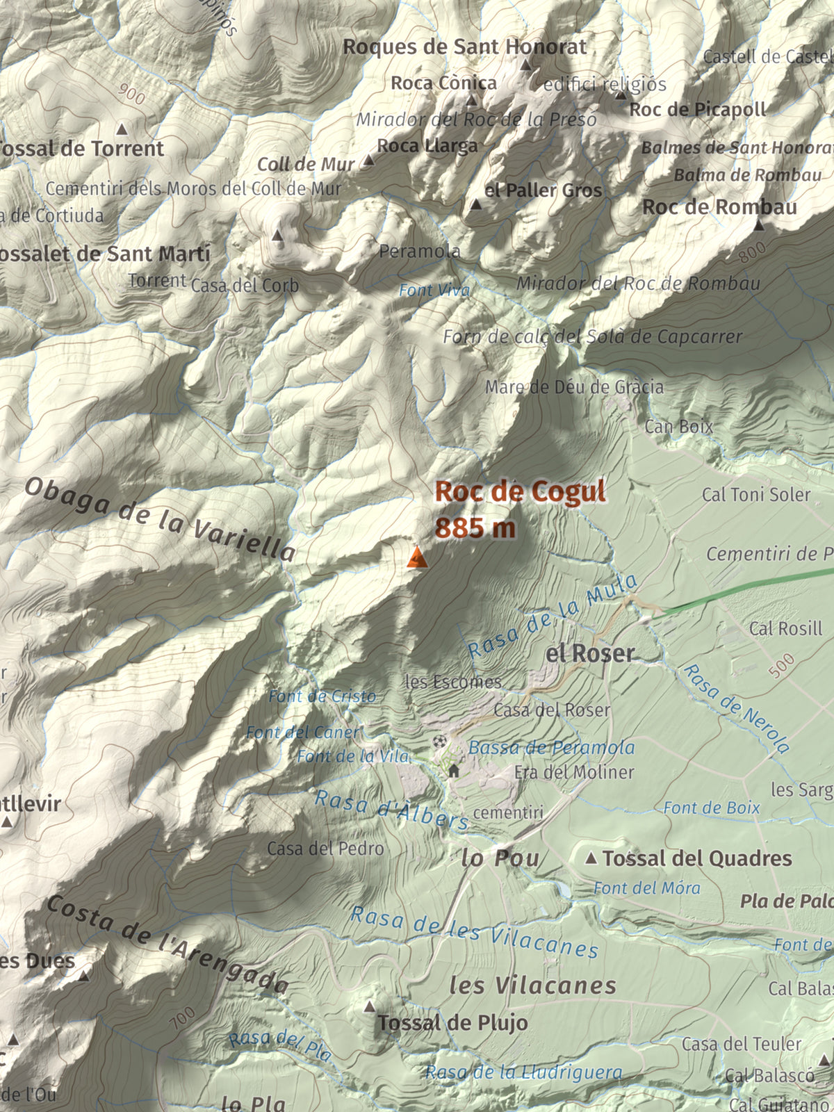 Mapa de relieve de Roc de Cogul, 885 m, Alt Urgell, lámina 100 Cims de Trobart. Detalle de la zona central. 30 × 40 cm.