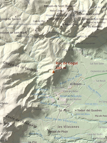 Mapa de relieve de Roc de Cogul, 885 m, Alt Urgell, lámina 100 Cims de Trobart. Detalle de la zona central. 30 × 40 cm.
