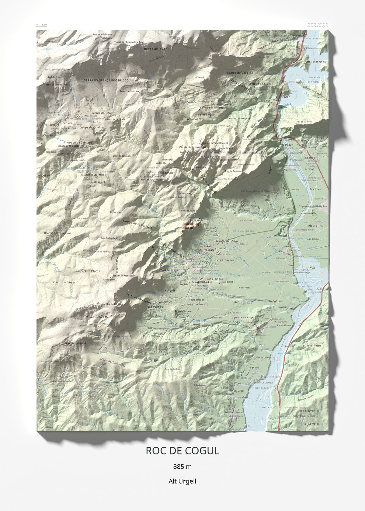 Mapa de relieve de Roc de Cogul, 885 m, Alt Urgell, lámina 100 Cims de Trobart 50 × 70 cm.