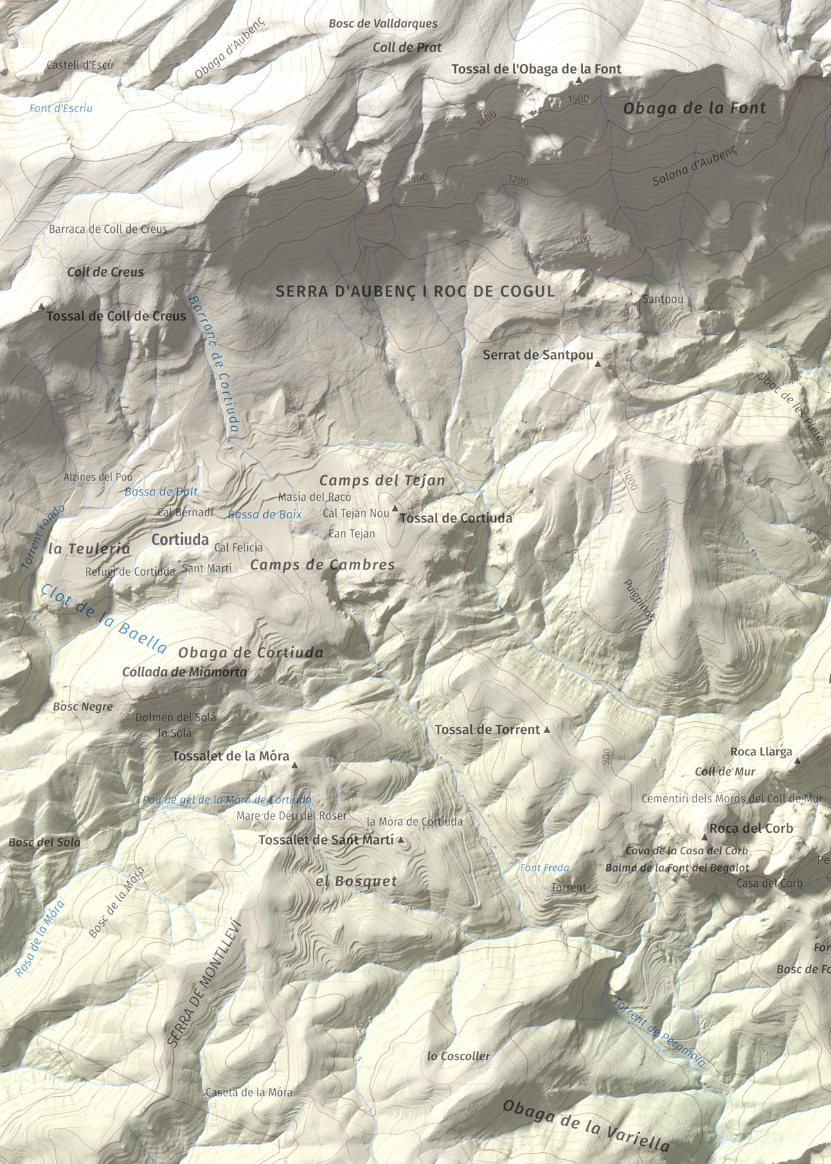 Mapa de relieve de Roc de Cogul, 885 m, Alt Urgell, lámina 100 Cims de Trobart. Detalle de la zona superior izquierda. 50 × 70 cm.