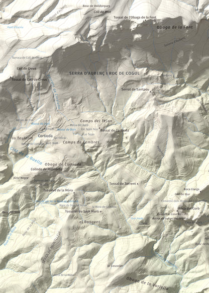 Mapa de relieve de Roc de Cogul, 885 m, Alt Urgell, lámina 100 Cims de Trobart. Detalle de la zona superior izquierda. 50 × 70 cm.