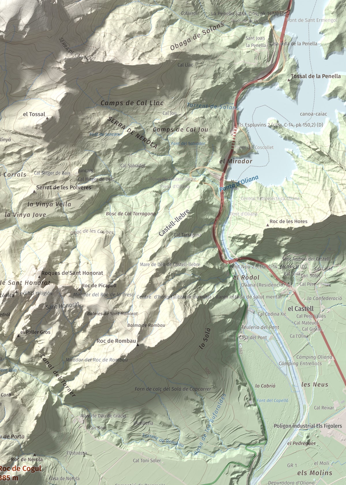 Mapa de relieve de Roc de Cogul, 885 m, Alt Urgell, lámina 100 Cims de Trobart. Detalle de la zona superior derecha. 50 × 70 cm.