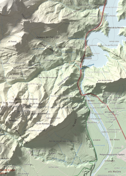 Mapa de relieve de Roc de Cogul, 885 m, Alt Urgell, lámina 100 Cims de Trobart. Detalle de la zona superior derecha. 50 × 70 cm.