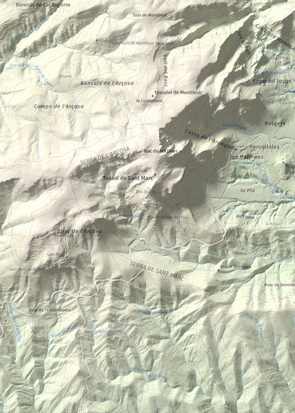 Mapa de relieve de Roc de Cogul, 885 m, Alt Urgell, lámina 100 Cims de Trobart. Detalle de la zona inferior izquierda. 50 × 70 cm.