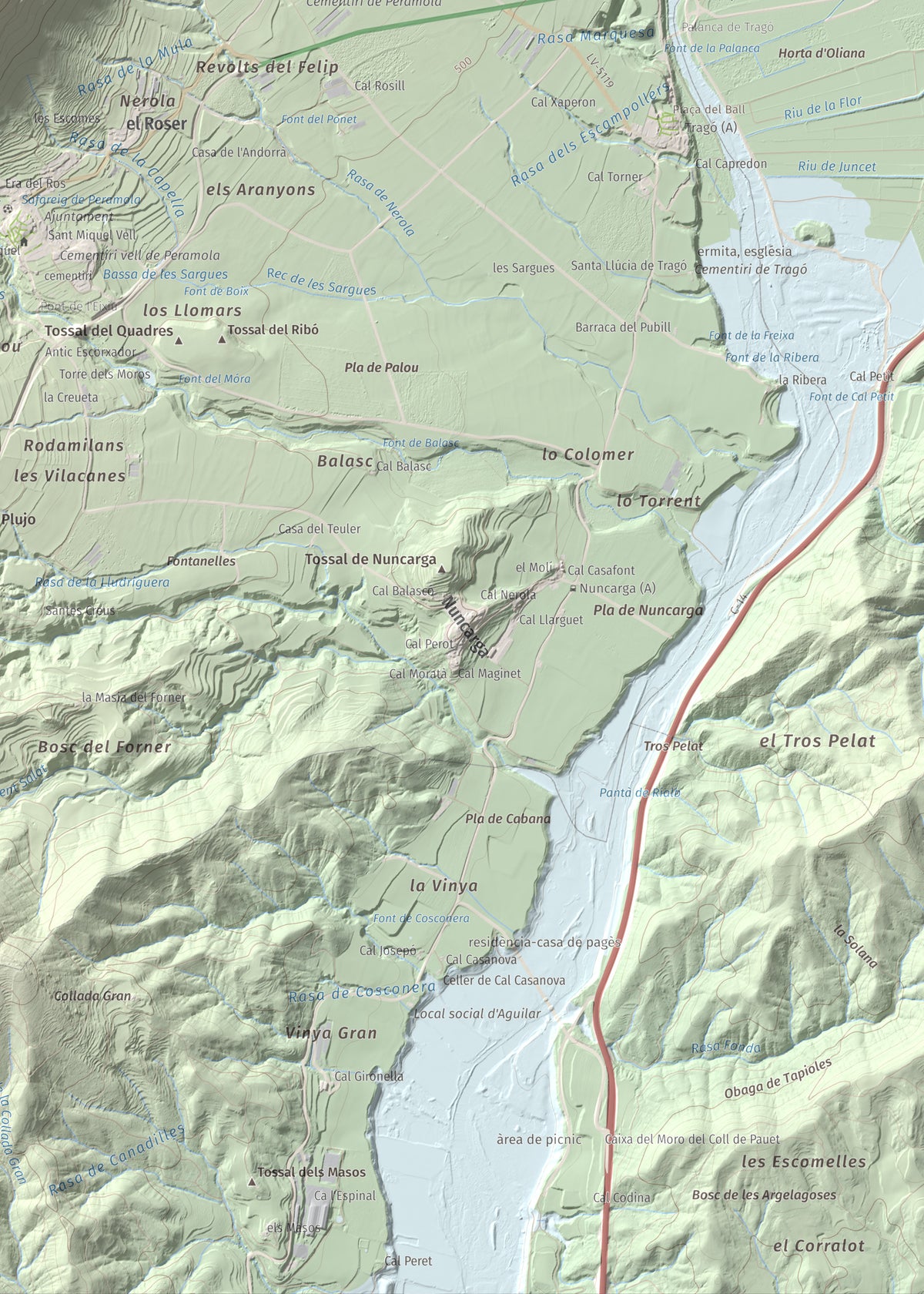 Mapa de relieve de Roc de Cogul, 885 m, Alt Urgell, lámina 100 Cims de Trobart. Detalle de la zona inferior derecha. 50 × 70 cm.