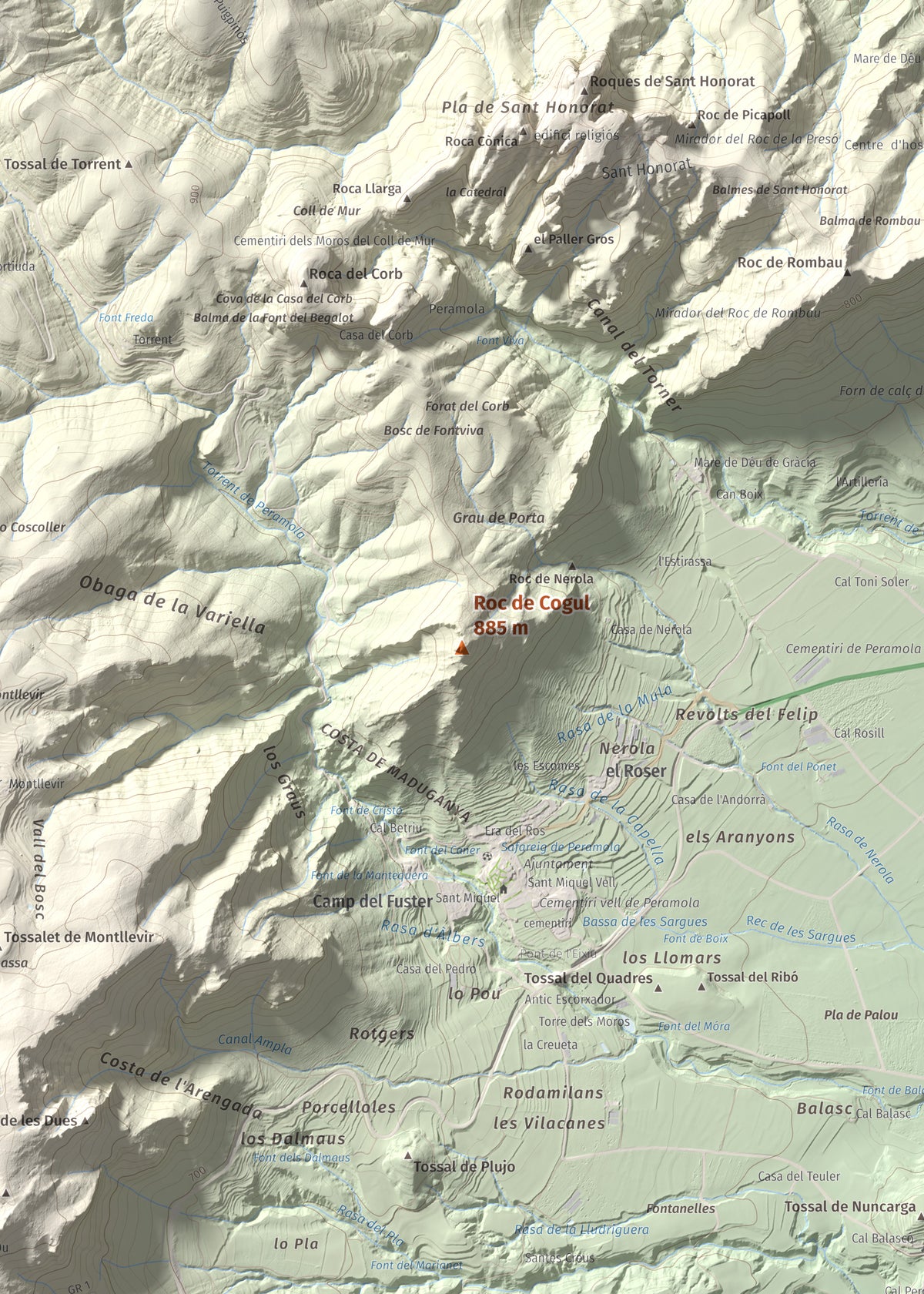 Mapa de relieve de Roc de Cogul, 885 m, Alt Urgell, lámina 100 Cims de Trobart. Detalle de la zona central. 50 × 70 cm.