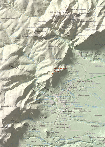 Mapa de relieve de Roc de Cogul, 885 m, Alt Urgell, lámina 100 Cims de Trobart. Detalle de la zona central. 50 × 70 cm.