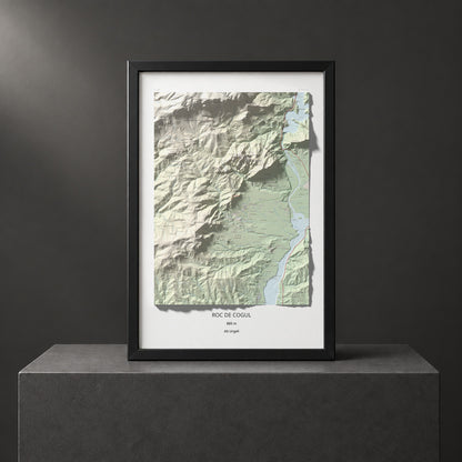 Mapa de relieve de Roc de Cogul, 885 m, Alt Urgell, lámina 100 Cims de Trobart. Presentación enmarcada. 61 × 91 cm.