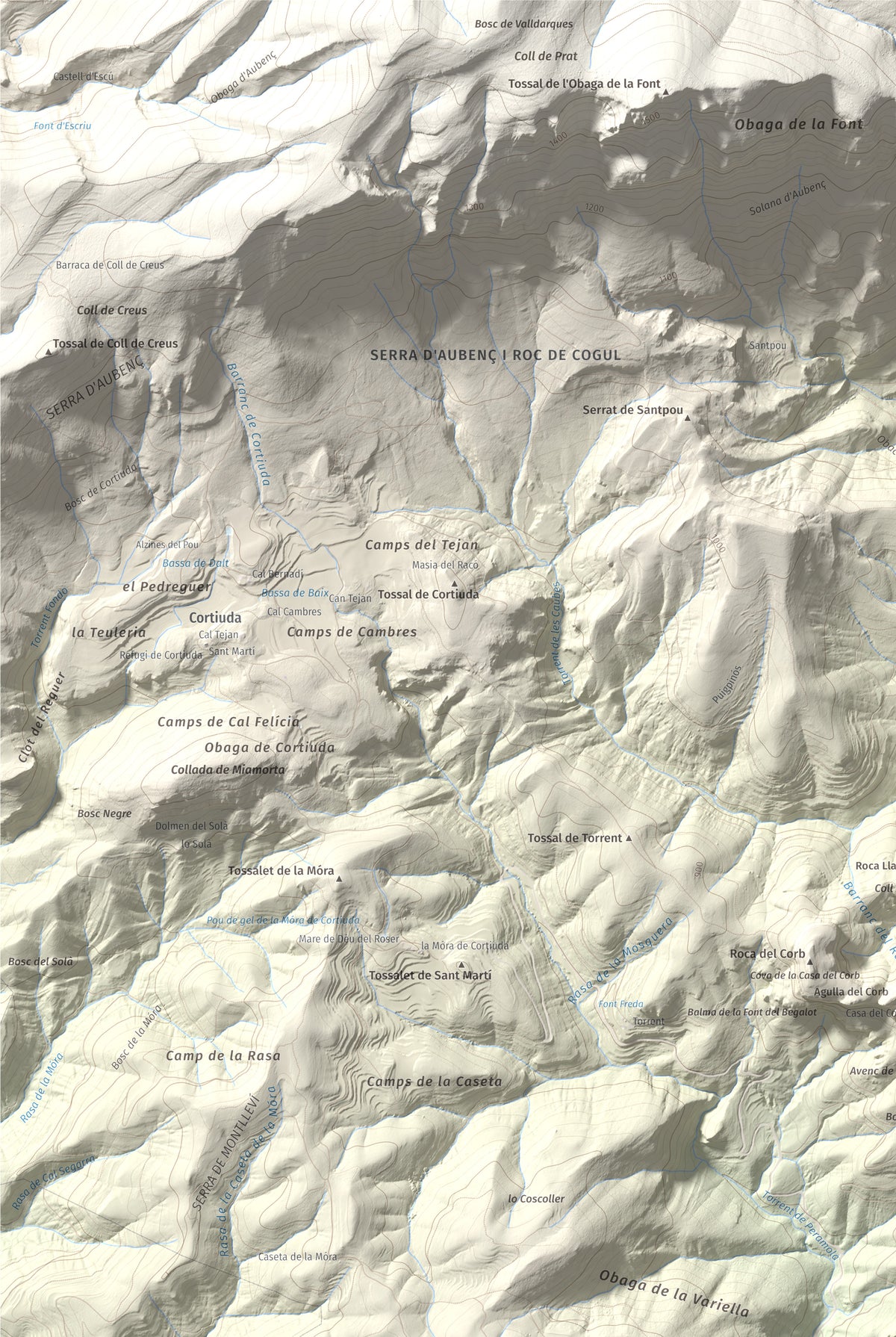 Mapa de relieve de Roc de Cogul, 885 m, Alt Urgell, lámina 100 Cims de Trobart. Detalle de la zona superior izquierda. 61 × 91 cm.