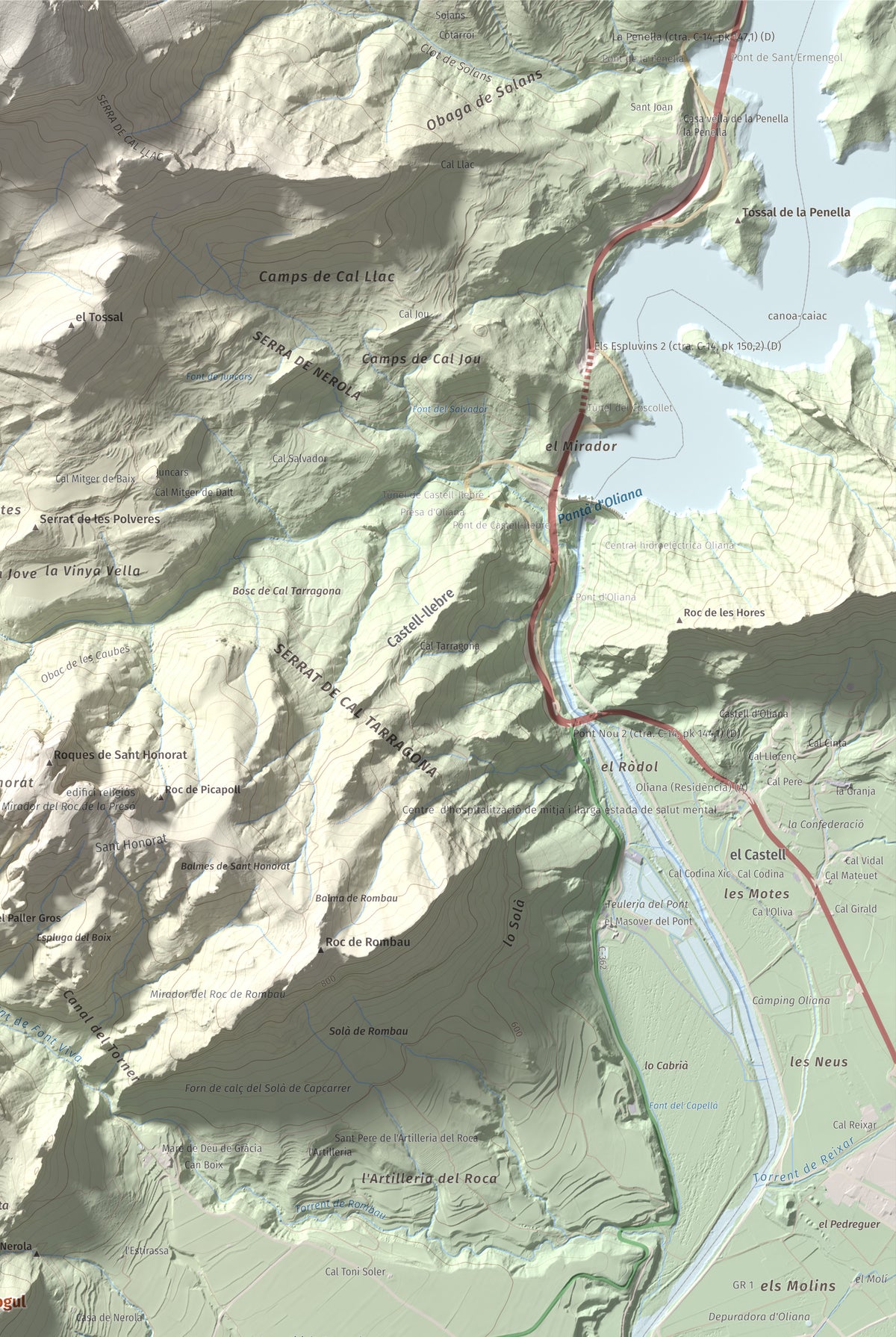 Mapa de relieve de Roc de Cogul, 885 m, Alt Urgell, lámina 100 Cims de Trobart. Detalle de la zona superior derecha. 61 × 91 cm.