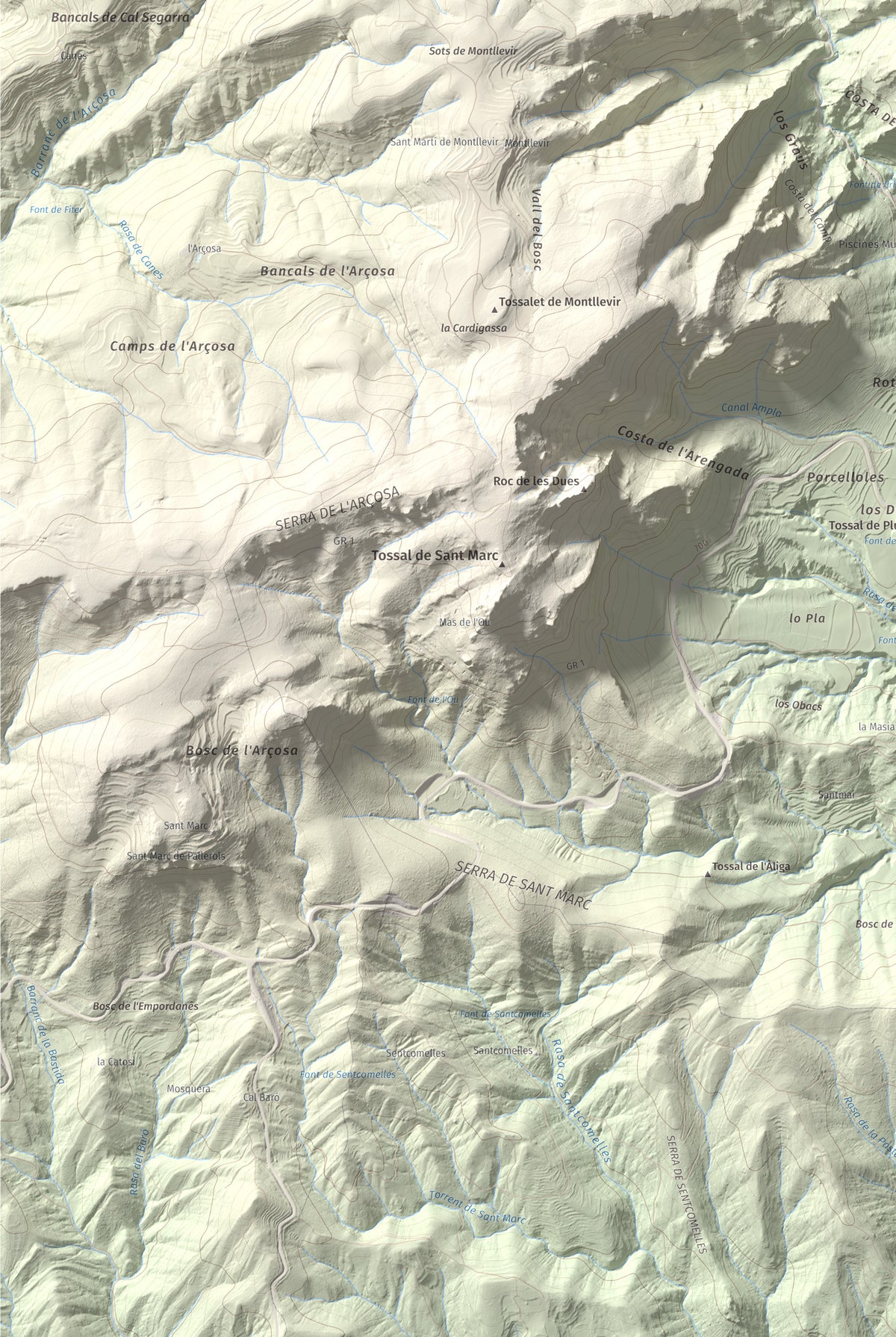 Mapa de relieve de Roc de Cogul, 885 m, Alt Urgell, lámina 100 Cims de Trobart. Detalle de la zona inferior izquierda. 61 × 91 cm.