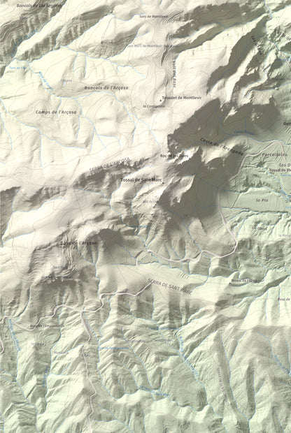 Mapa de relieve de Roc de Cogul, 885 m, Alt Urgell, lámina 100 Cims de Trobart. Detalle de la zona inferior izquierda. 61 × 91 cm.