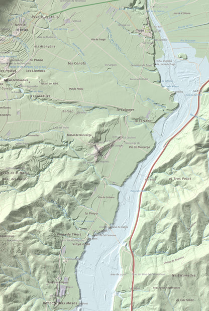 Mapa de relieve de Roc de Cogul, 885 m, Alt Urgell, lámina 100 Cims de Trobart. Detalle de la zona inferior derecha. 61 × 91 cm.