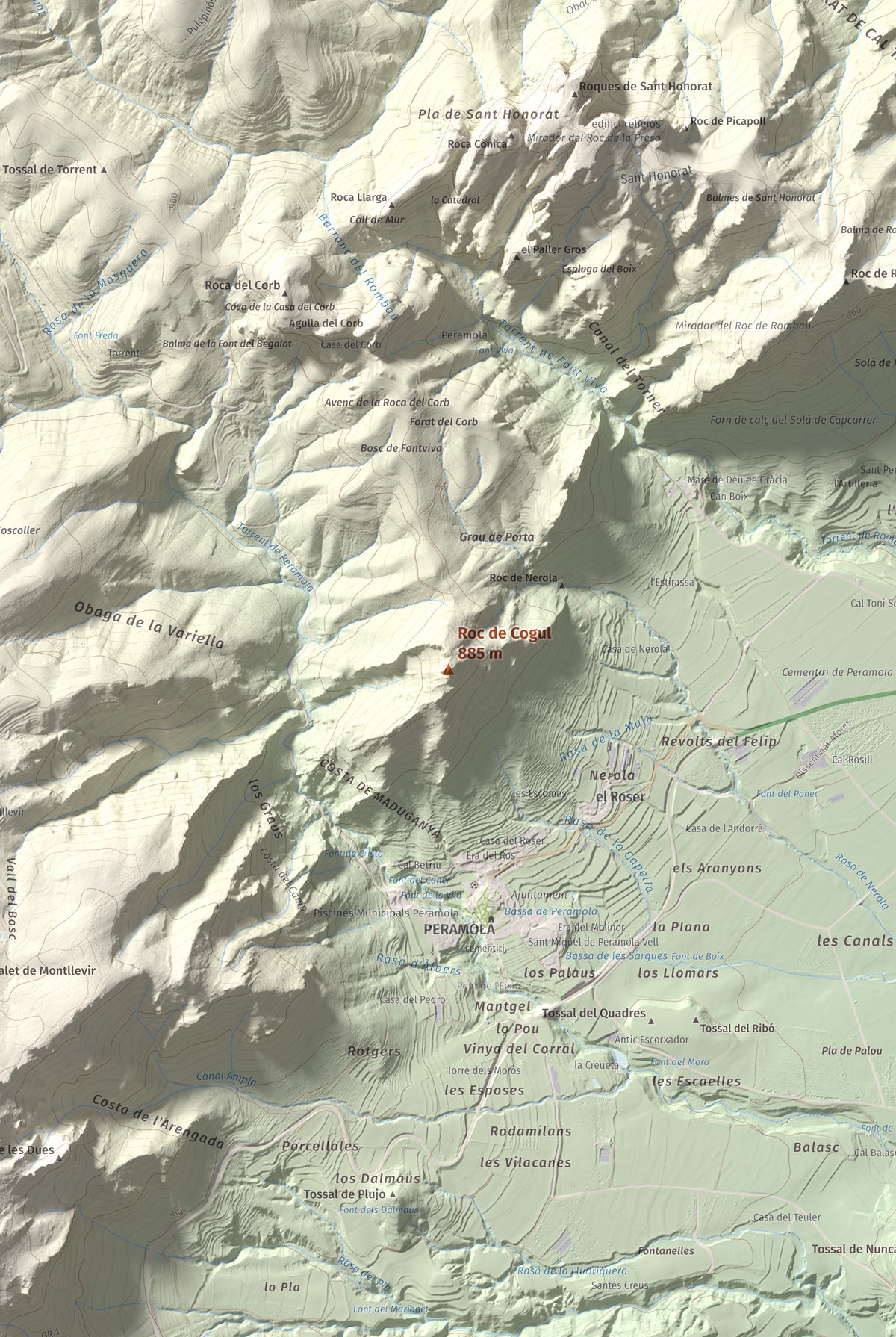 Mapa de relieve de Roc de Cogul, 885 m, Alt Urgell, lámina 100 Cims de Trobart. Detalle de la zona central. 61 × 91 cm.
