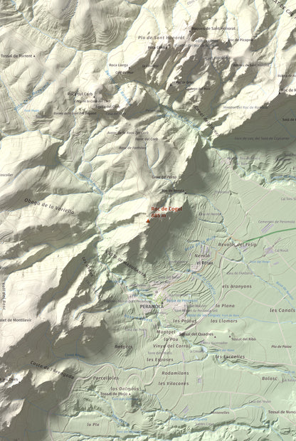 Mapa de relieve de Roc de Cogul, 885 m, Alt Urgell, lámina 100 Cims de Trobart. Detalle de la zona central. 61 × 91 cm.
