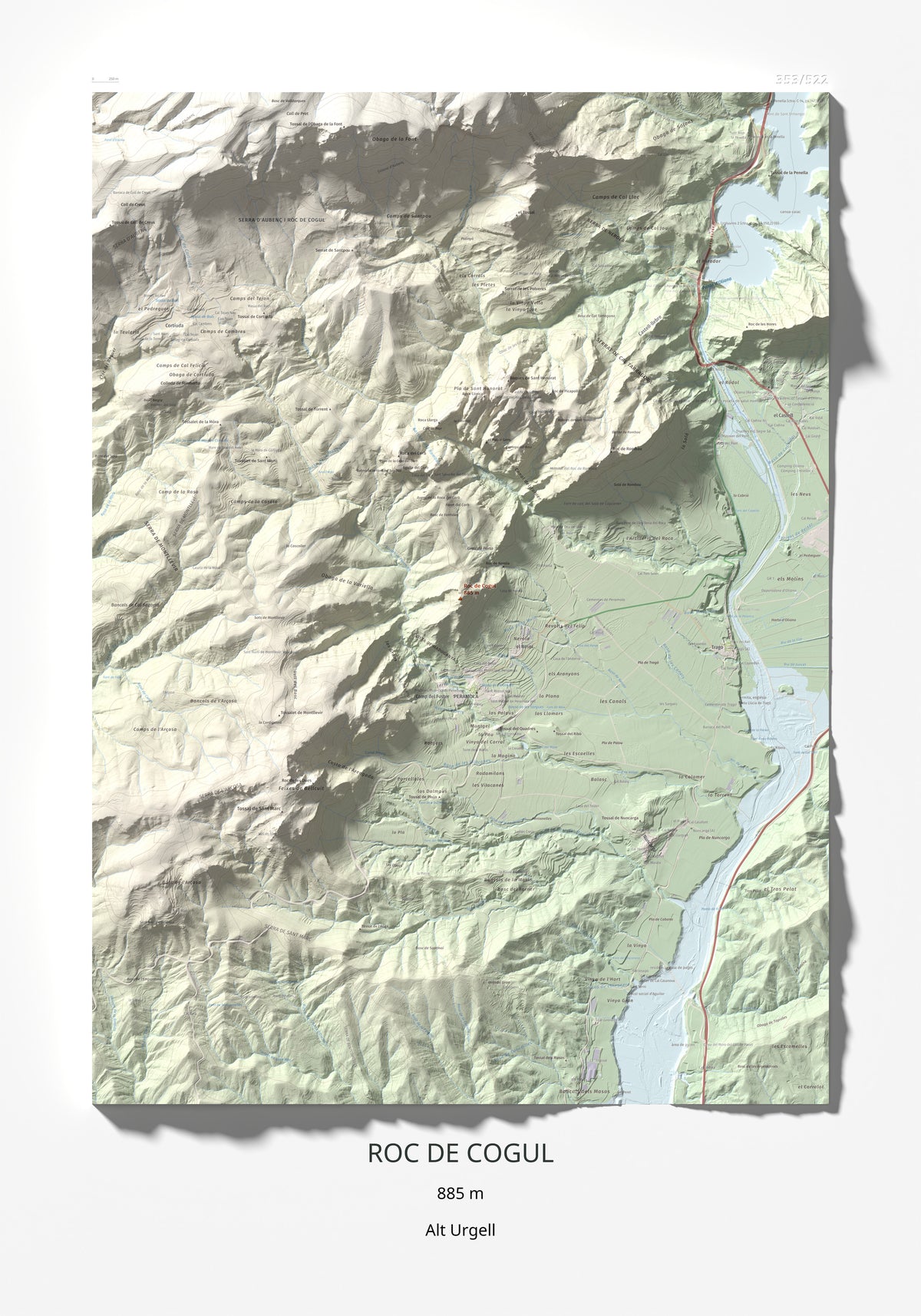 Mapa de relieve de Roc de Cogul, 885 m, Alt Urgell, lámina 100 Cims de Trobart 70 × 100 cm.