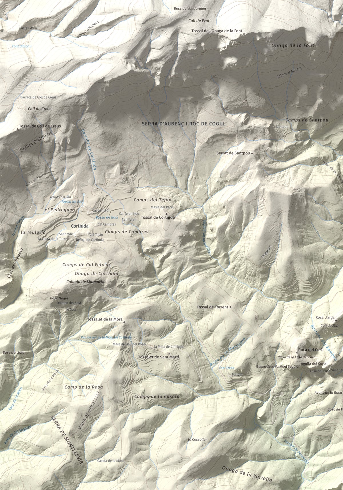 Mapa de relieve de Roc de Cogul, 885 m, Alt Urgell, lámina 100 Cims de Trobart. Detalle de la zona superior izquierda. 70 × 100 cm.