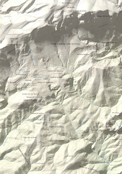Mapa de relieve de Roc de Cogul, 885 m, Alt Urgell, lámina 100 Cims de Trobart. Detalle de la zona superior izquierda. 70 × 100 cm.