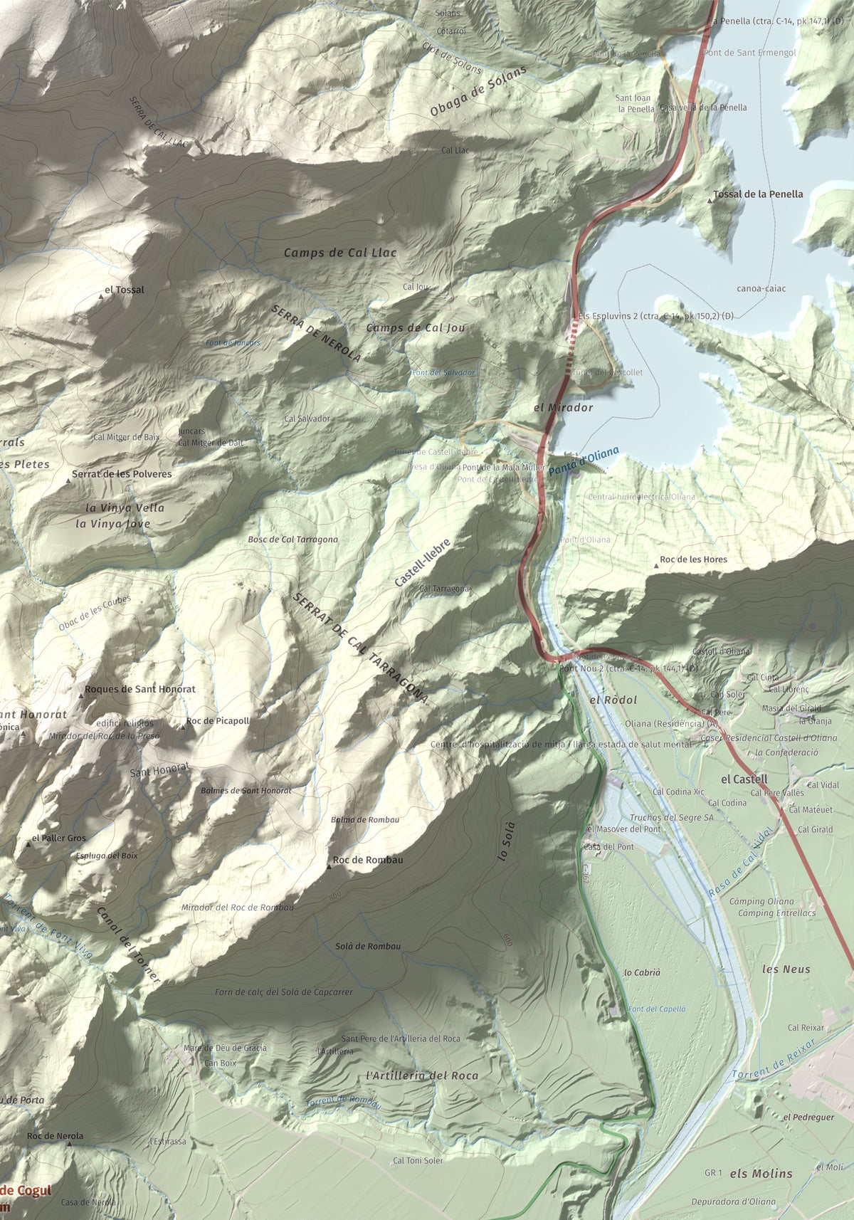 Mapa de relieve de Roc de Cogul, 885 m, Alt Urgell, lámina 100 Cims de Trobart. Detalle de la zona superior derecha. 70 × 100 cm.