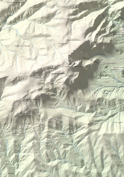 Mapa de relieve de Roc de Cogul, 885 m, Alt Urgell, lámina 100 Cims de Trobart. Detalle de la zona inferior izquierda. 70 × 100 cm.