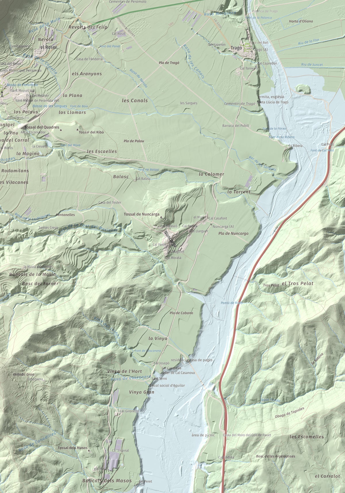 Mapa de relieve de Roc de Cogul, 885 m, Alt Urgell, lámina 100 Cims de Trobart. Detalle de la zona inferior derecha. 70 × 100 cm.