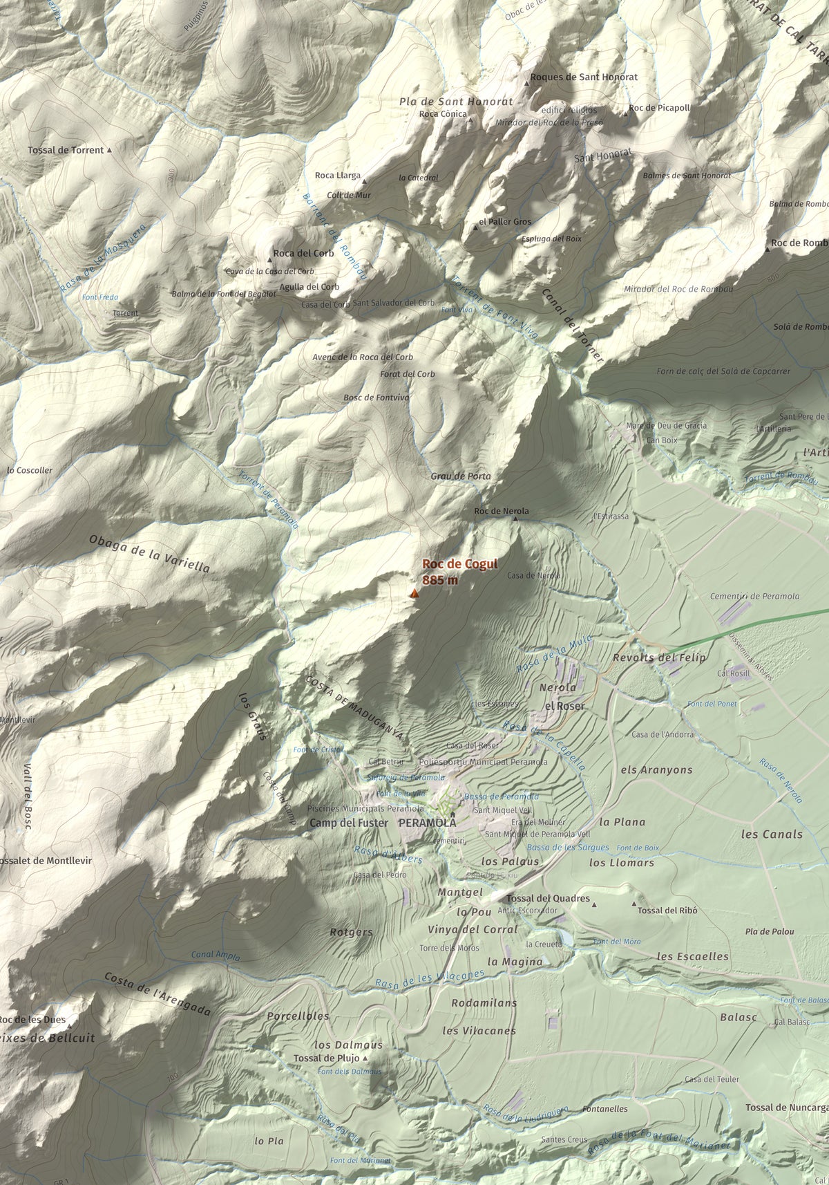 Mapa de relieve de Roc de Cogul, 885 m, Alt Urgell, lámina 100 Cims de Trobart. Detalle de la zona central. 70 × 100 cm.