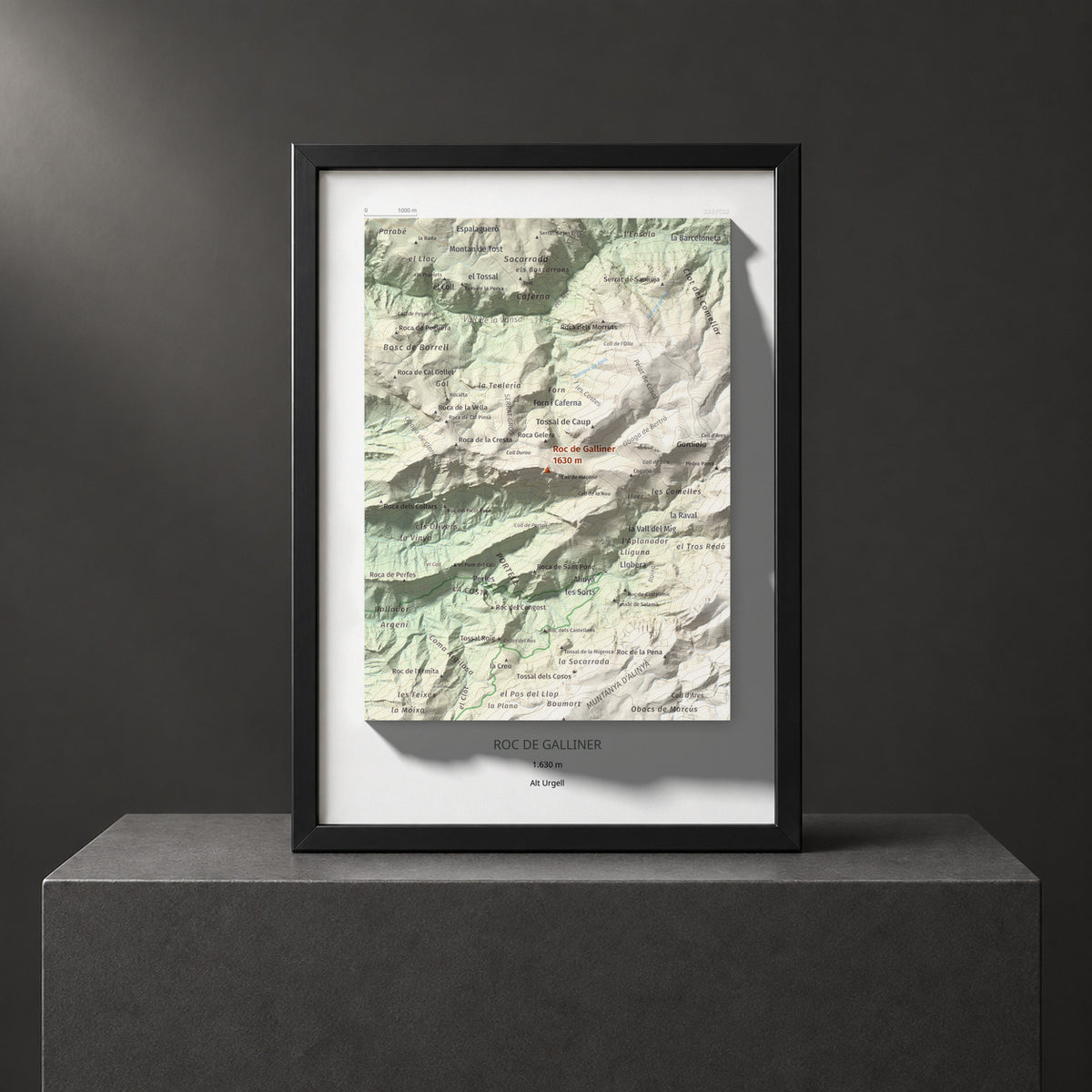 Mapa de relieve de Roc de Galliner, 1630 m, Alt Urgell, lámina 100 Cims de Trobart. Presentación enmarcada. 21 × 30 cm.