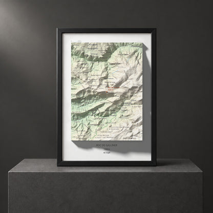 Mapa de relieve de Roc de Galliner, 1630 m, Alt Urgell, lámina 100 Cims de Trobart. Presentación enmarcada. 21 × 30 cm.