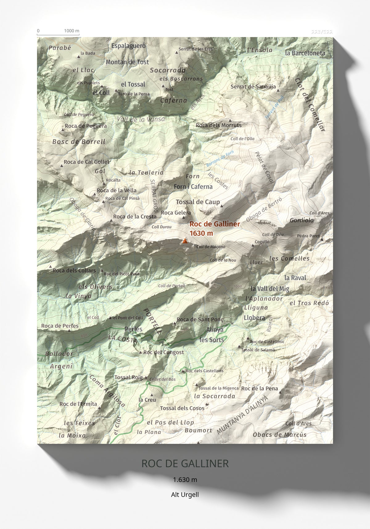 Mapa de relieve de Roc de Galliner, 1630 m, Alt Urgell, lámina 100 Cims de Trobart 21 × 30 cm.