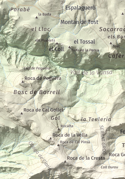 Mapa de relieve de Roc de Galliner, 1630 m, Alt Urgell, lámina 100 Cims de Trobart. Detalle de la zona superior izquierda. 21 × 30 cm.