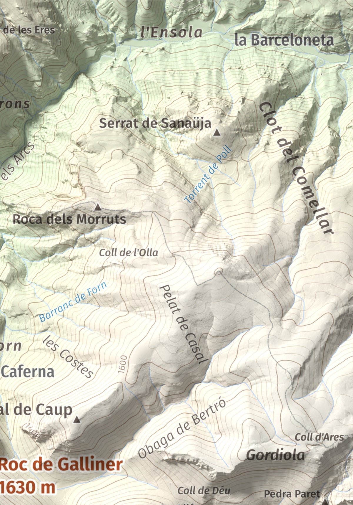 Mapa de relieve de Roc de Galliner, 1630 m, Alt Urgell, lámina 100 Cims de Trobart. Detalle de la zona superior derecha. 21 × 30 cm.