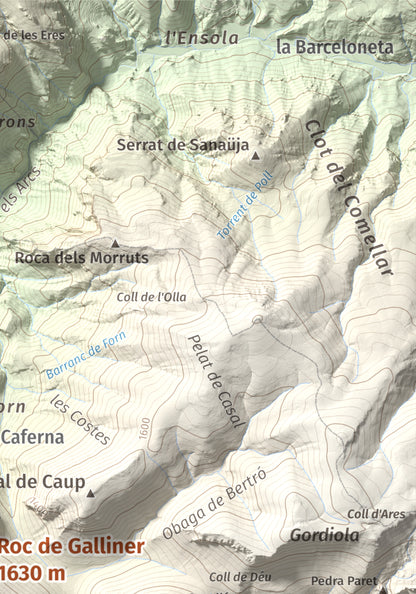 Mapa de relieve de Roc de Galliner, 1630 m, Alt Urgell, lámina 100 Cims de Trobart. Detalle de la zona superior derecha. 21 × 30 cm.