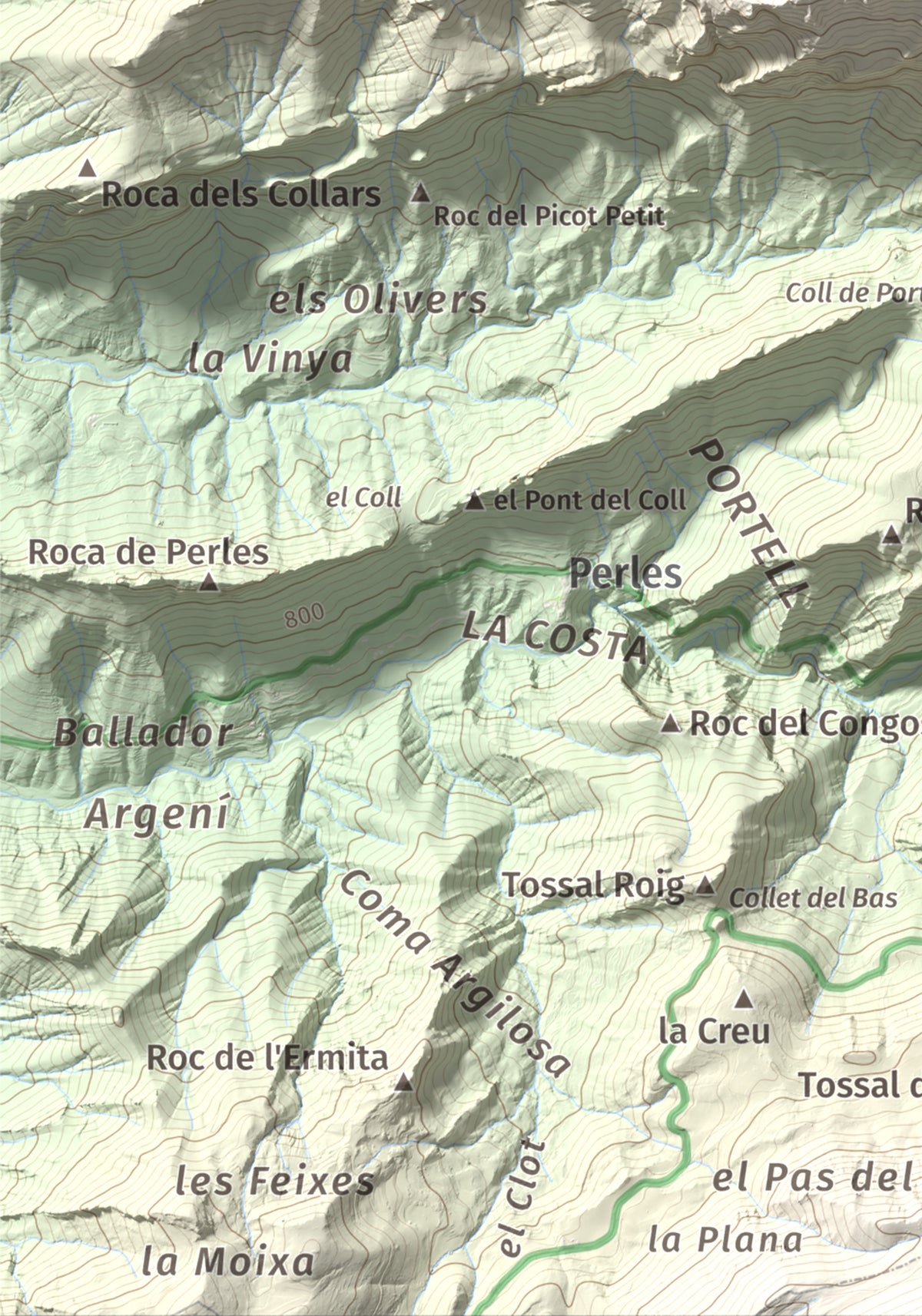 Mapa de relieve de Roc de Galliner, 1630 m, Alt Urgell, lámina 100 Cims de Trobart. Detalle de la zona inferior izquierda. 21 × 30 cm.