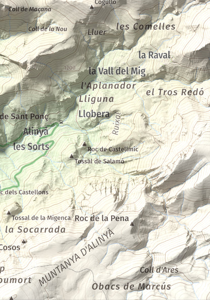 Mapa de relieve de Roc de Galliner, 1630 m, Alt Urgell, lámina 100 Cims de Trobart. Detalle de la zona inferior derecha. 21 × 30 cm.