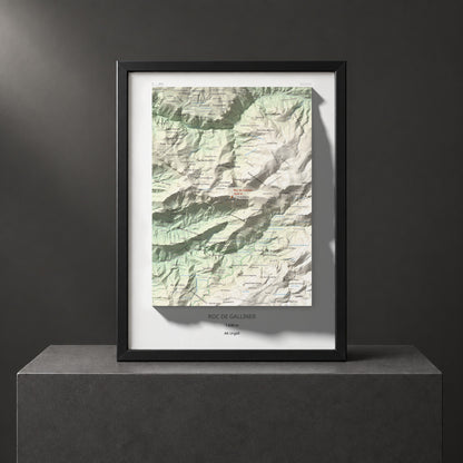 Mapa de relieve de Roc de Galliner, 1630 m, Alt Urgell, lámina 100 Cims de Trobart. Presentación enmarcada. 30 × 40 cm.