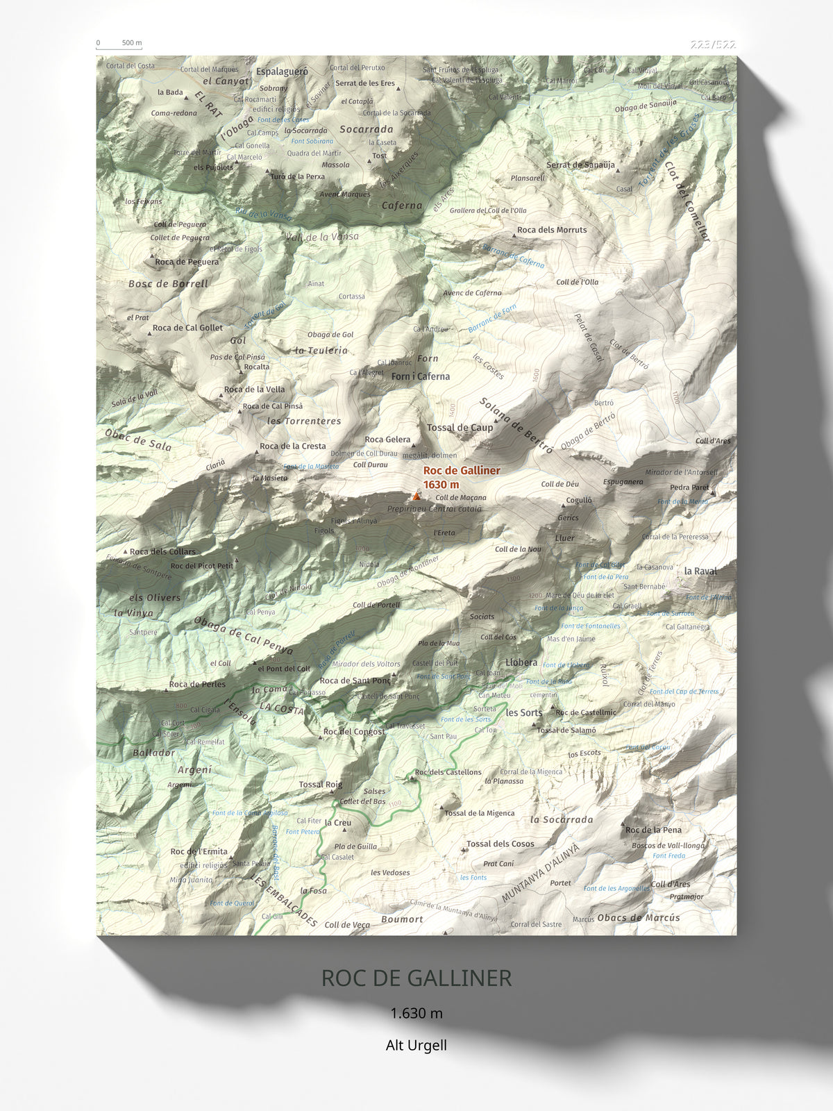 Mapa de relieve de Roc de Galliner, 1630 m, Alt Urgell, lámina 100 Cims de Trobart 30 × 40 cm.