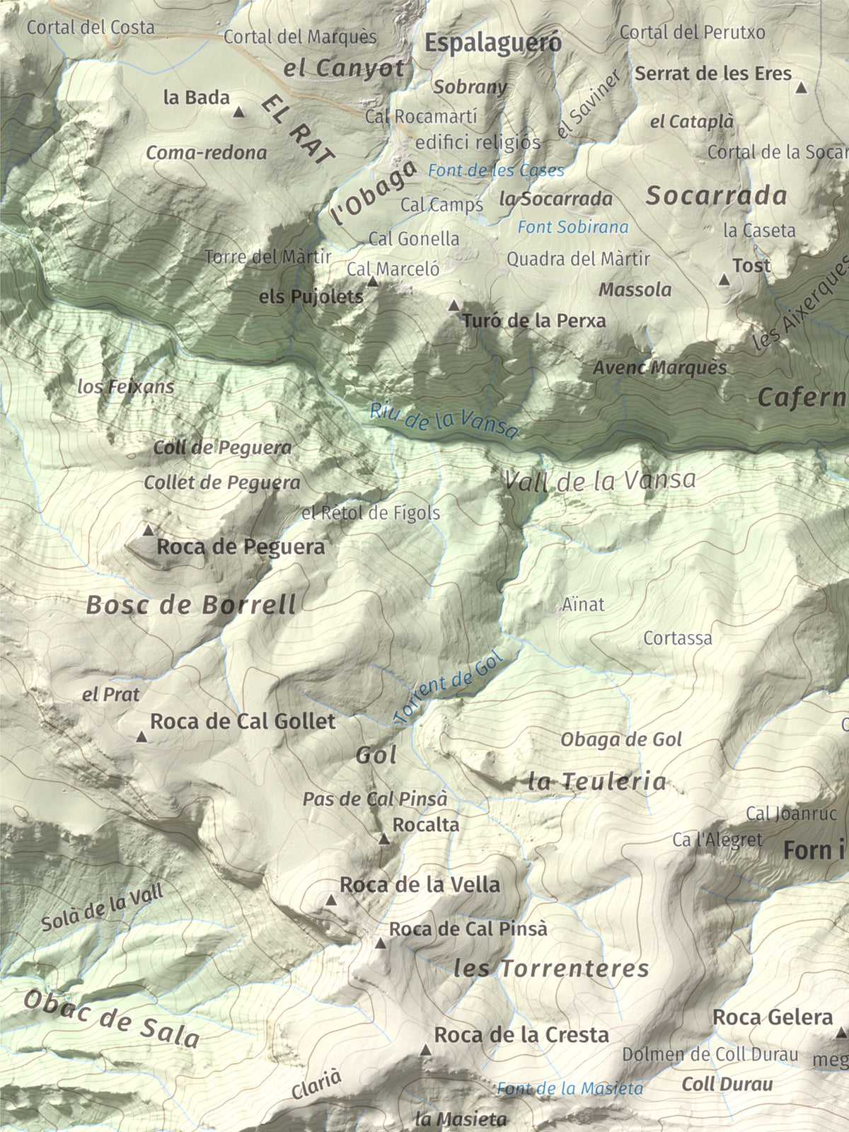 Mapa de relieve de Roc de Galliner, 1630 m, Alt Urgell, lámina 100 Cims de Trobart. Detalle de la zona superior izquierda. 30 × 40 cm.