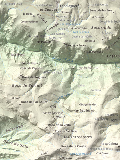 Mapa de relieve de Roc de Galliner, 1630 m, Alt Urgell, lámina 100 Cims de Trobart. Detalle de la zona superior izquierda. 30 × 40 cm.