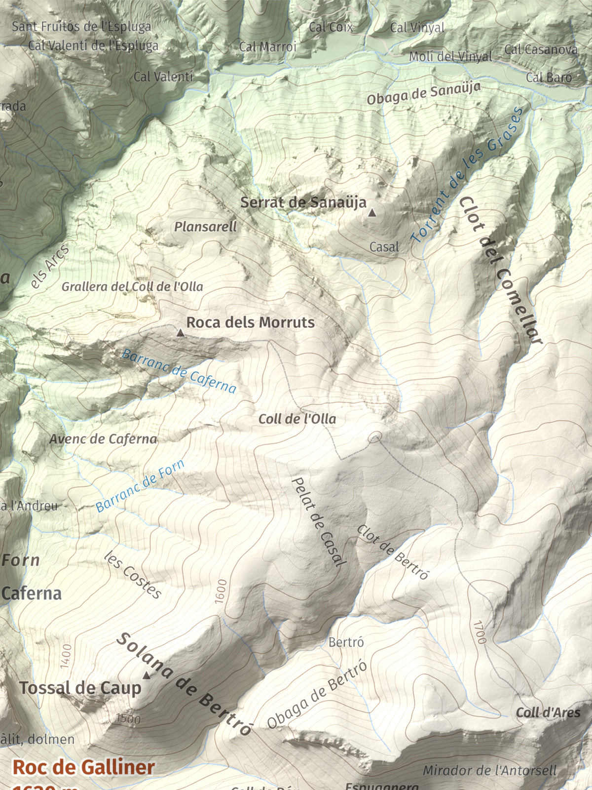 Mapa de relieve de Roc de Galliner, 1630 m, Alt Urgell, lámina 100 Cims de Trobart. Detalle de la zona superior derecha. 30 × 40 cm.