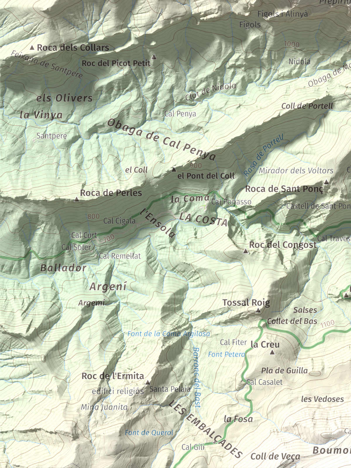 Mapa de relieve de Roc de Galliner, 1630 m, Alt Urgell, lámina 100 Cims de Trobart. Detalle de la zona inferior izquierda. 30 × 40 cm.