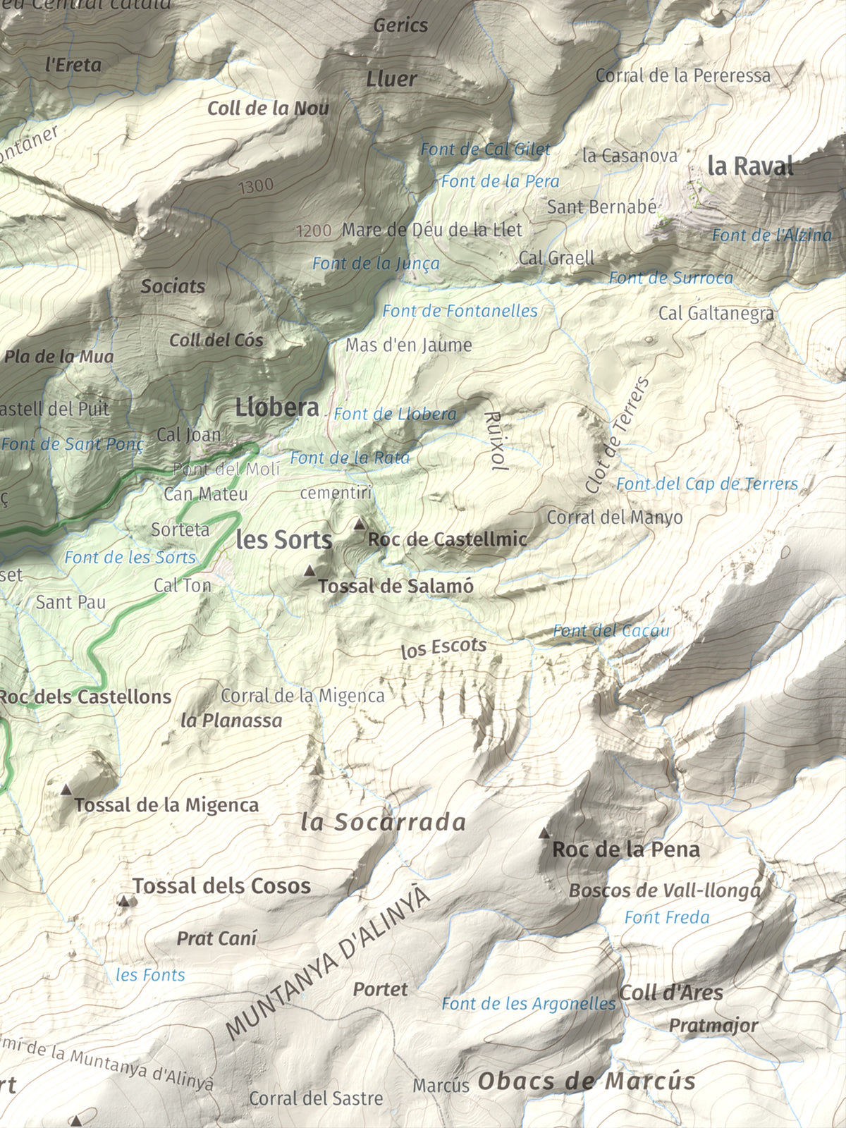 Mapa de relieve de Roc de Galliner, 1630 m, Alt Urgell, lámina 100 Cims de Trobart. Detalle de la zona inferior derecha. 30 × 40 cm.