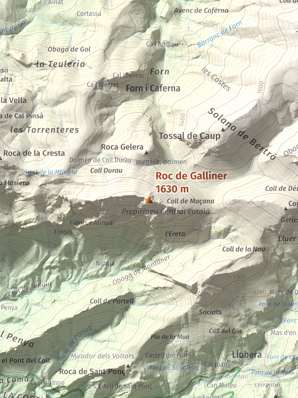 Mapa de relieve de Roc de Galliner, 1630 m, Alt Urgell, lámina 100 Cims de Trobart. Detalle de la zona central. 30 × 40 cm.