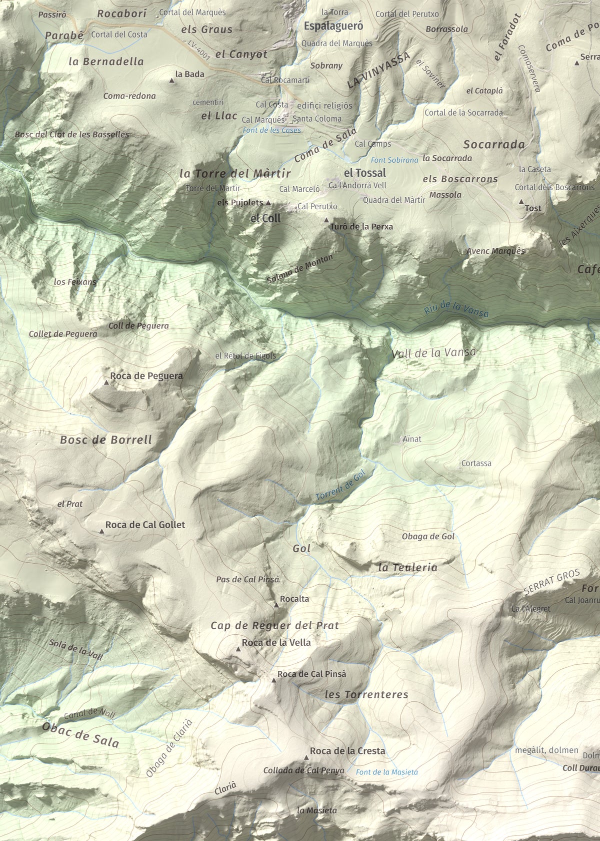 Mapa de relieve de Roc de Galliner, 1630 m, Alt Urgell, lámina 100 Cims de Trobart. Detalle de la zona superior izquierda. 50 × 70 cm.