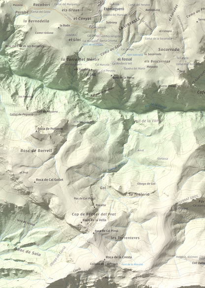Mapa de relieve de Roc de Galliner, 1630 m, Alt Urgell, lámina 100 Cims de Trobart. Detalle de la zona superior izquierda. 50 × 70 cm.