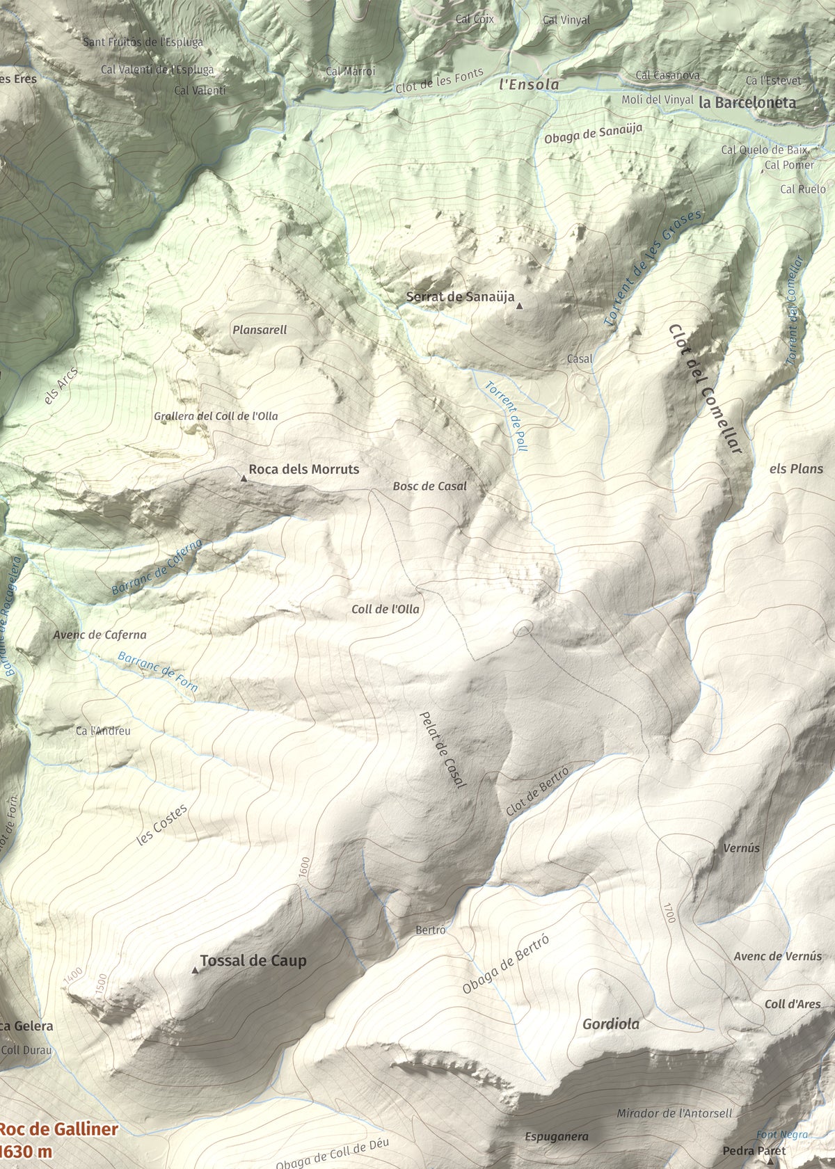 Mapa de relieve de Roc de Galliner, 1630 m, Alt Urgell, lámina 100 Cims de Trobart. Detalle de la zona superior derecha. 50 × 70 cm.